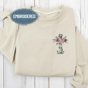 Christian Cross Flower Embroidered Sweatshirt, Christian Women Tee, Cross with Heart Embroidery Tee, Jesus Clothing, Religious Mom Gift