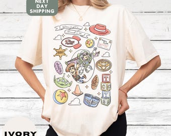 Toy Story Cartoon Doodle Graphic T-Shirt with Woody and Buzz Lightyear for Disney Fans Park Outfit Pixar Movie Lover Gift Unisex