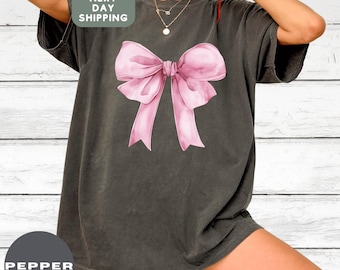Comfort Colors Shirt, Pink Coquette Bow Shirt, Coquette Shirt, Pink Bow Shirt, Coquette Aesthetic, Coquette Ribbon, Women's T-Shirt