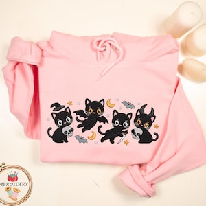 Sweat à capuche brodé chat noir d&#39;Halloween, sweat-shirt chats effrayants avec lunes et étoiles, pull d&#39;automne mignon pour les amoureux des chats, cadeau chaton