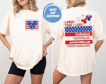 Lands That I Love Adventureland Fantasyland Frontierland Tomorrowland Shirt Patriotic, Disney, Mickey Balloon, Magical, 4th of July, Disney
