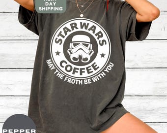 Funny Coffee Shirt Comfort Colors May the Froth Be With You Tee for Women Kids Coffee Lovers Gift Galaxy Parody Graphic T-Shirt