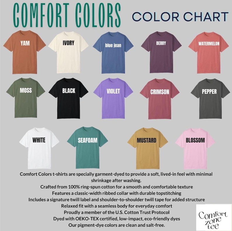The image is a color chart displaying various t-shirt colors, including YAM, Ivory, blue jeans, berry, watermelon, moss, black, purple, Crimson, pepper, seaweed, mustard, blossom, white, and sea foam.