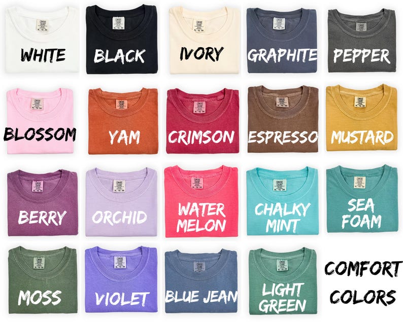 a collection of 16 t-shirts, each with a different color and design, arranged in a grid pattern.