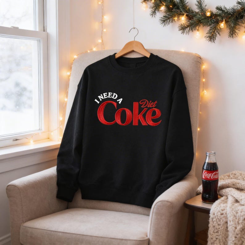 A black sweatshirt with the text "I NEED A Diet Coke" printed on it, hanging on a wooden hanger in front of a window with Christmas lights.
