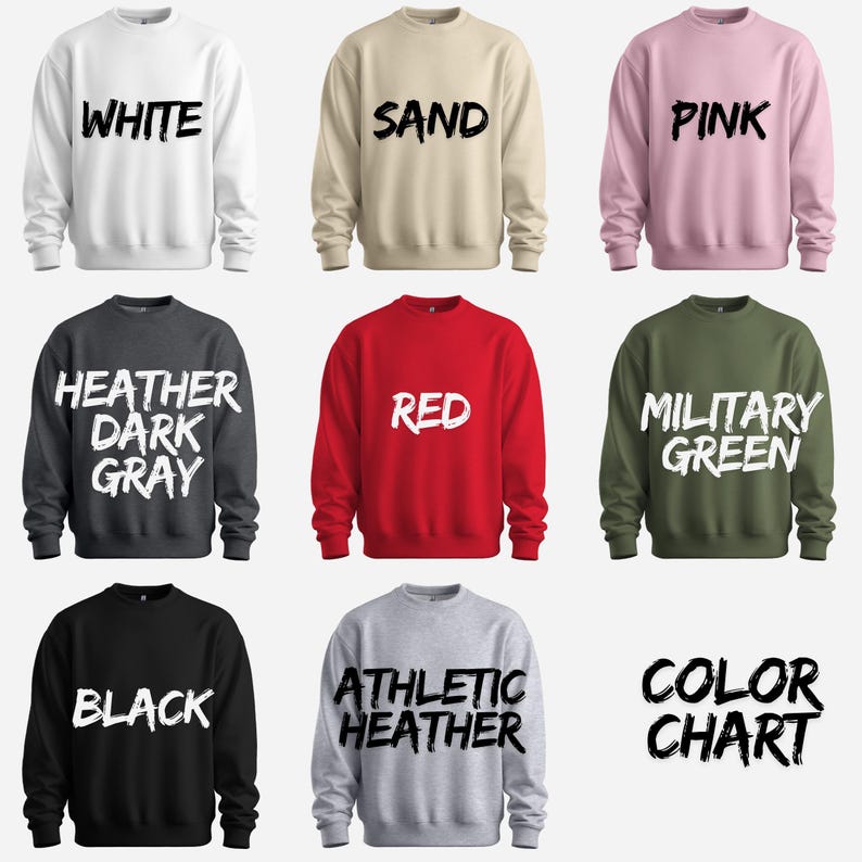 nine different sweatshirts, each with a unique color and design, arranged in a 3x3 grid.
