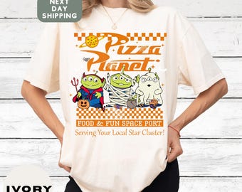 Comfort Colors Pizza Planet Halloween Shirt, Toy Story Alien Costume Tee, Disney Halloween Graphic T-Shirt for Men Women Gift Idea