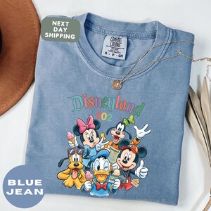 A blue t-shirt with a colorful graphic of Disney characters from the Disneyland theme park, including Minnie Mouse, Mickey Mouse, Donald Duck, Goofy, and Pluto, along with a necklace and a hat.