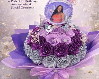 Ramo de mariposas / Ramo de rosas con purpurina personalizado / Arreglo floral con foto personalizado / Regalo de cumpleaños para ella / Ramo de rosas moradas