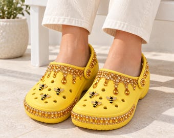 Honey Drop Bee Bling Crocs | Yellow Crocs with Gold Rhinestone Drips and Bee Charms