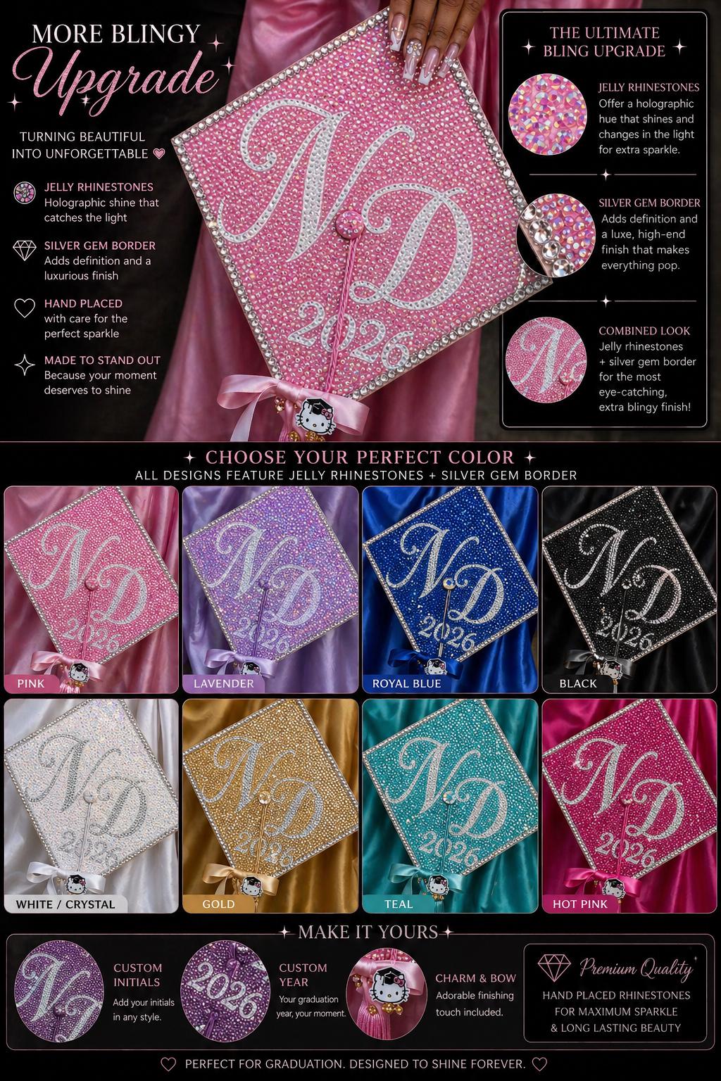 Custom Graduation Cap Topper | Initials, Year, Jelly Rhinestones ...