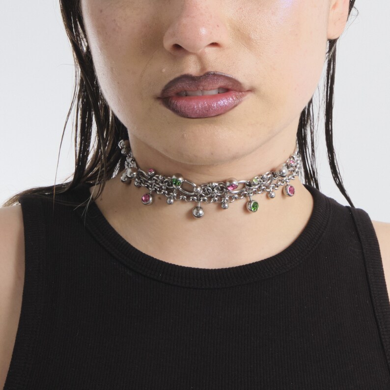 Collier à chaine, ras du cou, choker, piercing, fait main, acier chirurgical, homme, femme, punk, underground, y2k, grunge, techno image 1