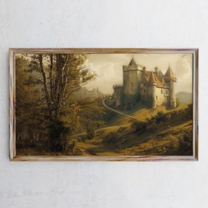 May include: A painting depicting a stone castle perched on a hill, with a winding path leading up to it. The castle is surrounded by trees and greenery, and the sky is a soft blue with clouds.