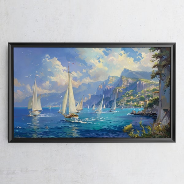 Samsung Frame | TV art | Sailing the Riviera | Blue Ocean | Boat | Bright and vibrant | Vintage Painting | Digital Download