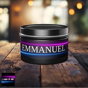Emmanual Coconut Soy Wax Tin Candle | Home Fragrance | Aromatherapy | Self-Care | Scented Black Tin Candle | 4 oz or 8 oz | Religious Gifts