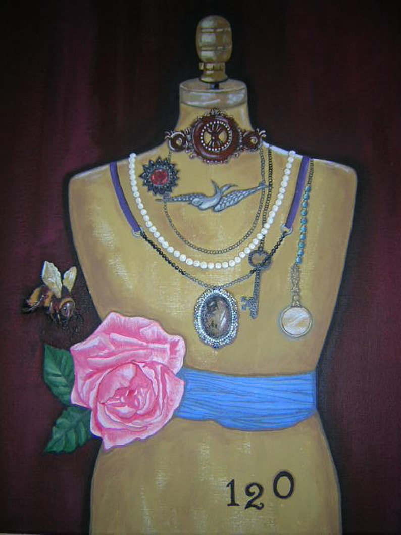 Original Canvas Painting Dress Form Rose Necklace Bee Etsy