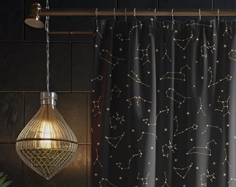 Black Constellations Boho Shower Curtain, Eclectic Boho Bathroom Decor, Celestial Moody Dark Academia Decor, Trendy Bathroom Accessories