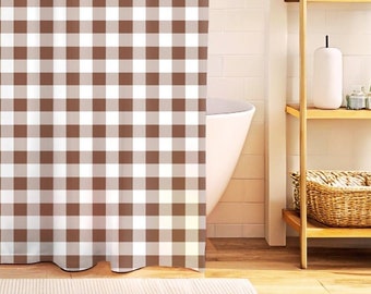 Boho-Duschvorhang, brauner Gingham-Duschvorhang, dunkler Cottagecore, kokette Zimmerdekoration, Badezimmerdekoration, Bauernhaus-Badezimmer-Accessoires