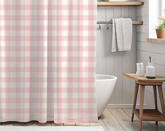 Pink Gingham Shower Curtain, Blush Pink Bohemian, 60s 70s Floral Bathroom Decor, Cottagecore Modern Farmhouse, Colorful Maximalist Style