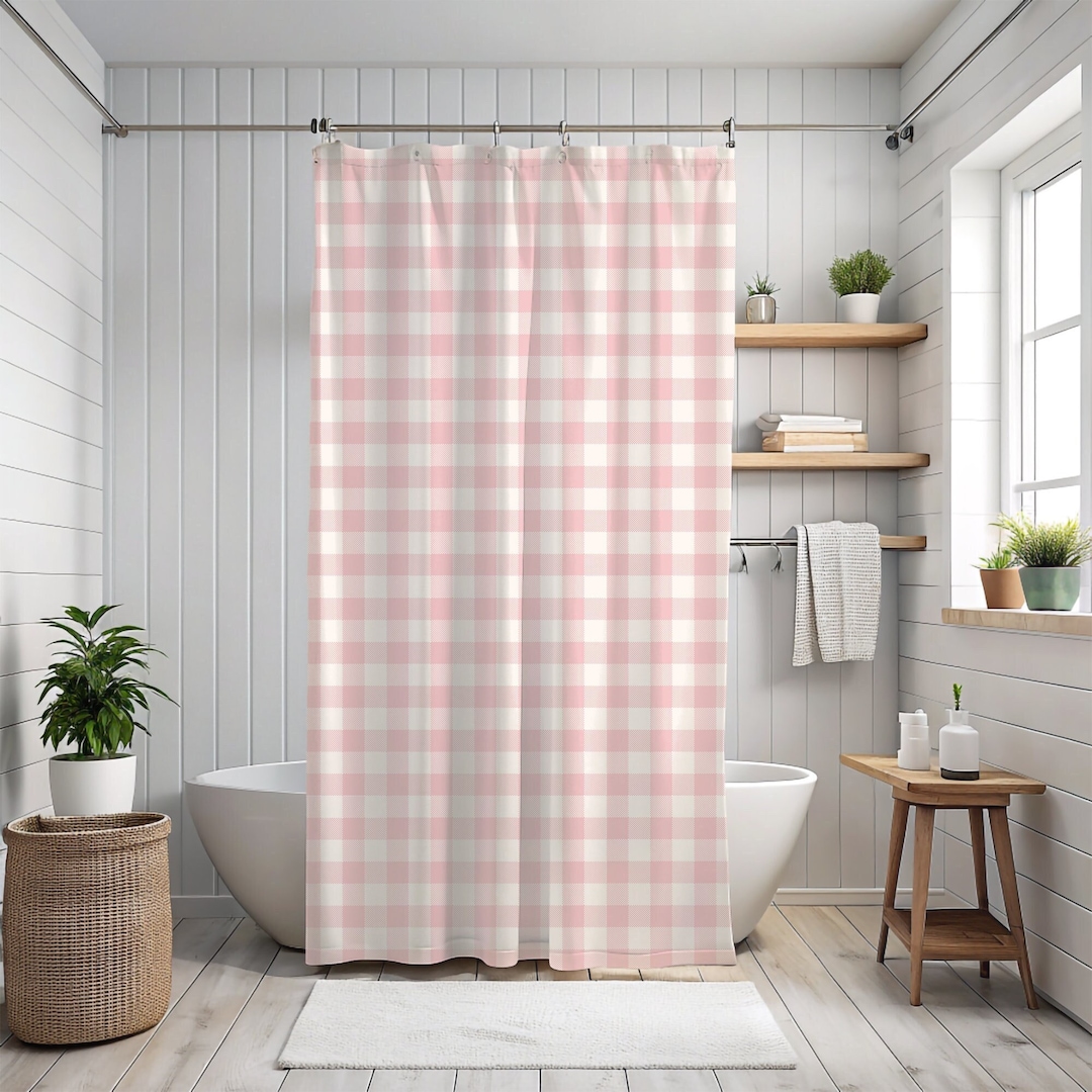 Pink Gingham Shower Curtain, Blush Pink Bohemian, 60s 70s Floral