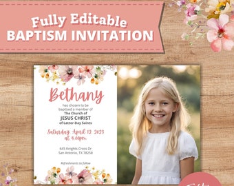 Spring LDS Baptism Invitation Template for Girls | Editable 5x7 Floral LDS Girl Baptism Announcement Canva Template in Pink Purple & Yellow