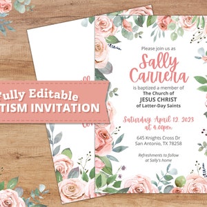 LDS Baptism Invitation Template for Girl | Editable 5x7 Canva Baptism Invite with Pink Watercolor Floral Roses | Church of Jesus Christ