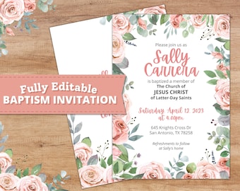 Pink Baptism Invitation LDS Girl | Editable 5x7 Download | Watercolor Floral Roses | No Photo Text Only | Church of Jesus Christ
