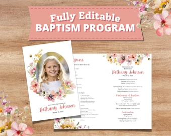 Spring Floral LDS Baptism Program Template | Editable Floral LDS Baptism Program Canva Template for a Girl in Pink Purple & Yellow