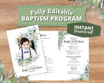 LDS Baptism Program for Boy or Girl with a Green Wreath of Watercolor Leaves | Mormon Baptism Program Template with Photo