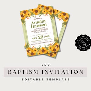 Convite de Batismo SUD para Meninas | Modelo de Design de Girassol Amarelo Editável Canva | Anúncio de Convite de Batismo Frente e Verso para Imprimir