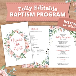 Peut inclure: Un modèle de programme de baptême imprimable avec un motif floral. Le programme comprend le nom "Sally Carrena", la date "12 mars 2025" et le texte "Choisissez le bon".