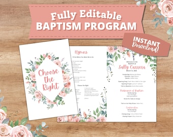 Printable LDS Baptism Program for Girl in Pink Rose | Church of Jesus Christ of Latter Day Saints | Editable Template | Choose the Right