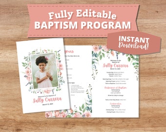 LDS Girl Baptism Program Template with Photo | Pink Watercolor Rose Mormon Baptism Program | Editable Printable | Church of Jesus Christ