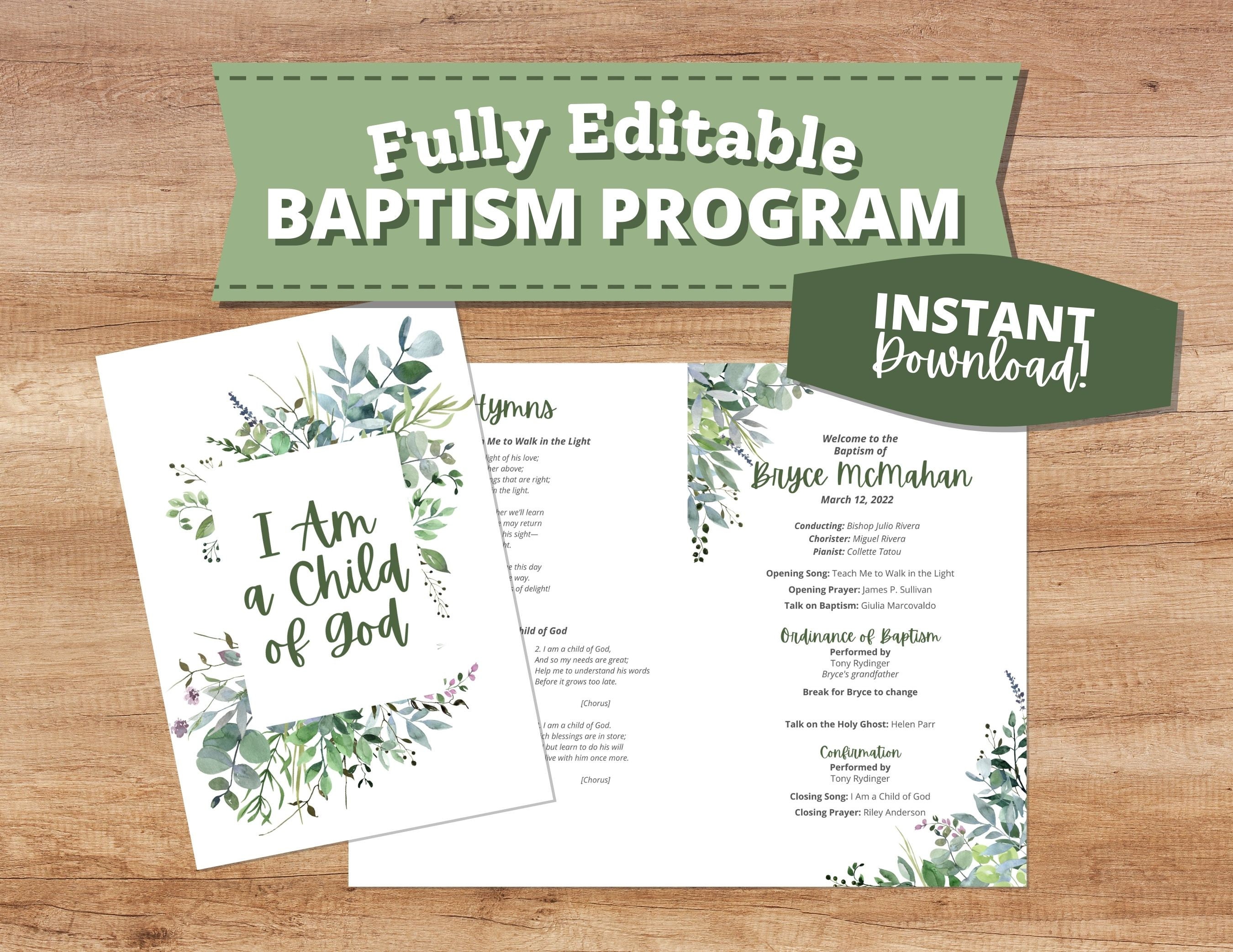 Adult LDS Baptism Program Template With Green Leaves Church Etsy