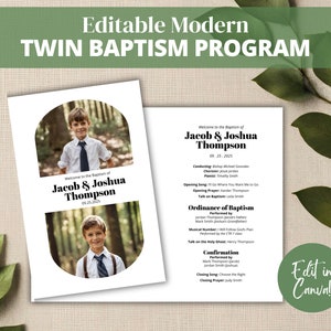 Peut inclure: Modèle de programme de baptême pour jumeaux éditable avec un fond blanc et une photo en noir et blanc de deux garçons en costume. Le programme comprend les noms Jacob & Joshua Thompson, la date 09.25.2025 et l'ordre du service du baptême.