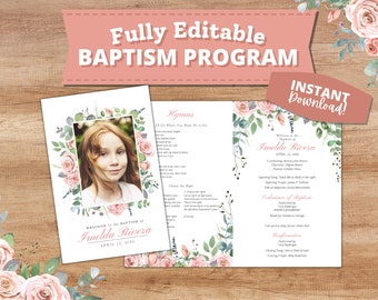 Pink Girl LDS Baptism Program with Photo | Instant Digital Template Download | Watercolor Floral | Latter Day Saint | Church of Jesus Christ