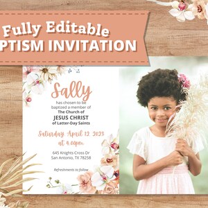 LDS Baptism Invitation Girl Instant Download Vintage Boho Peach Watercolor Floral Editable 5x7 Canva Template Church of Jesus Christ image 1