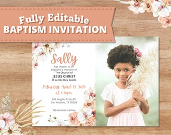 LDS Baptism Invitation Girl | Instant Download | Vintage Boho Peach Watercolor Floral | Editable 5x7 Canva Template | Church of Jesus Christ