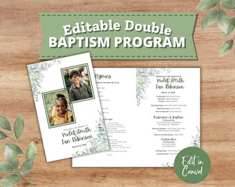Printable Dual LDS Baptism Program | Joint Double Latter Day Saint Baptism Program Template for Two Kids or Twins