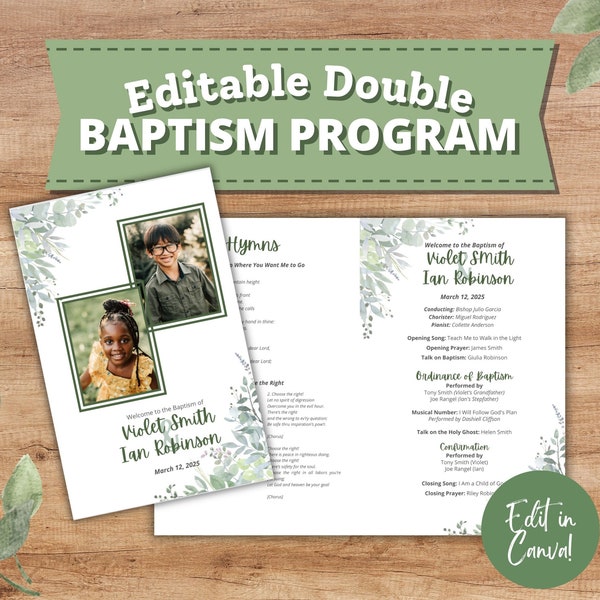 Dual LDS Baptism Program Template | Editable Canva Program Template for Joint LDS Baptism | Gender Neutral Baptism Program for Two Children