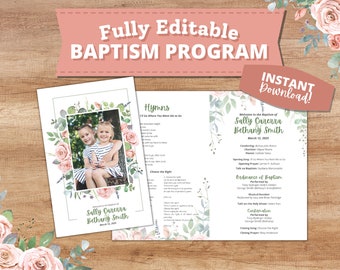 Double LDS Baptism Program for Girls | Twins Baptism Program | Pink Floral Rose Latter Day Saint Program Template for Joint Baptism