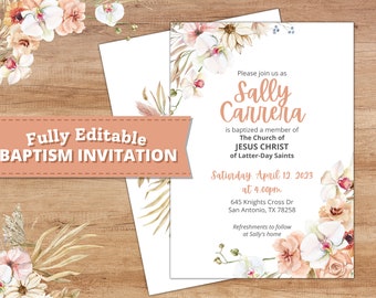 LDS Baptism Invitation | Girl | Editable 5x7 Instant Download | Blush Boho Watercolor Floral | No Photo Text Only | Church of Jesus Christ