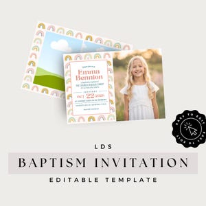 May include: A baptism invitation template with a rainbow pattern and a photo of a young girl. The text reads "Emma Bennion is baptized a member of The Church of Jesus Christ of Latter-day Saints, Saturday, Oct 22, 2026, at eleven o'clock in the morning."