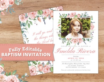 Pink LDS Girl Baptism Invitation | Instant Download | Customizable | Watercolor Floral | Editable 5x7 | Church of Jesus Christ