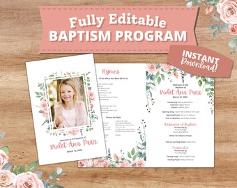 Pink Rose LDS Baptism Program - Girl | Printable Instant Download | Customizable and Editable | Watercolor Floral | Church of Jesus Christ