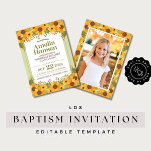 Convite de Batismo SUD Girassol Amarelo para Meninas | Modelo Canva Editável Frente e Verso, Convite de Batismo SUD para Imprimir