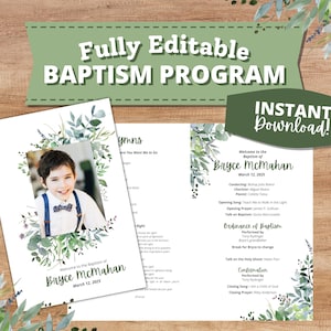 May include: A printable baptism program with a green leafy border and a photo of a young boy. The program includes the name Bryce Mcmahan and the date March 12, 2025. The program also includes a list of hymns, the order of service, and the names of the officiants.