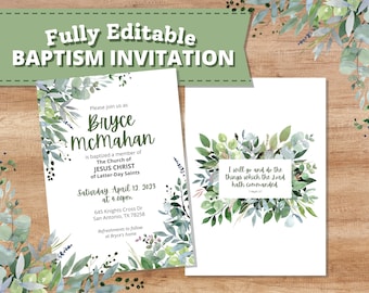 Boy Baptism Invitation Instant Download | Green Watercolor Greenery | 5x7 Announcement | No Photo | Church of Jesus Christ Latter-Day Saint