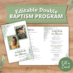 Pode incluir: Um programa de batismo de dupla face com o texto "Editable Double BAPTISM PROGRAM". O programa apresenta fotos de duas crianças, detalhes florais e os nomes Violet Smith e Ian Robinson. A data de 12 de março de 2025 também é visível.