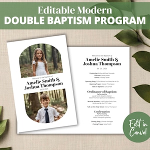 May include: A white printable program for a double baptism ceremony. The program includes the names Amelie Smith and Joshua Thompson, the date 09.25.2025, and the order of service for the ceremony. The program features two photos of the children in oval frames.